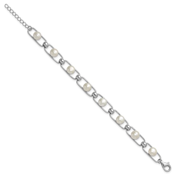 Sterling Silver Rhodium-plated 6-7mm Button White Freshwater Cultured Pearl 6.5 inch with 1 inch Extender Bracelet
