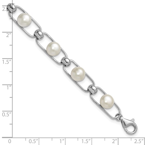 Sterling Silver Rhodium-plated 6-7mm Button White Freshwater Cultured Pearl 6.5 inch with 1 inch Extender Bracelet