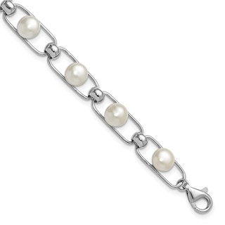 Sterling Silver Rhodium-plated 6-7mm Button White Freshwater Cultured Pearl 6.5 inch with 1 inch Extender Bracelet