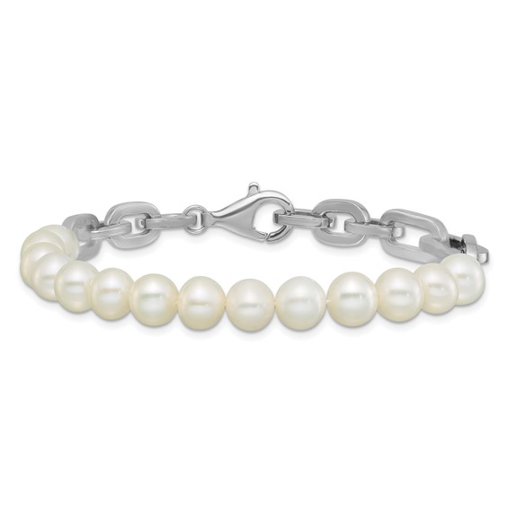 Sterling Silver Rhodium-plated 7-8mm Round White Freshwater Cultured Pearl and Link 8 inch Bracelet