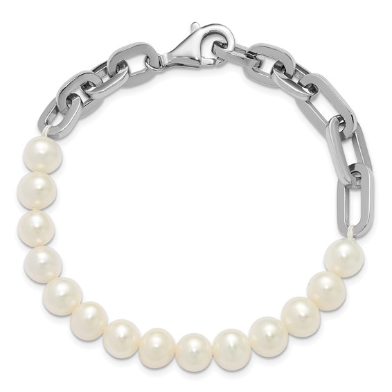 Sterling Silver Rhodium-plated 7-8mm Round White Freshwater Cultured Pearl and Link 8 inch Bracelet