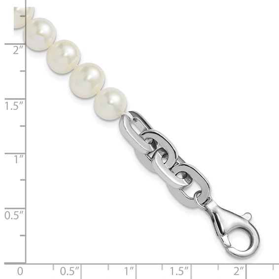 Sterling Silver Rhodium-plated 7-8mm Round White Freshwater Cultured Pearl and Link 8 inch Bracelet
