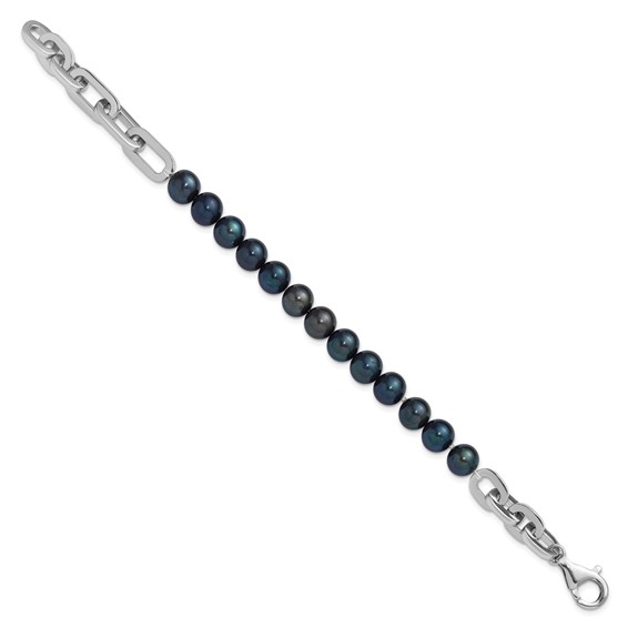Sterling Silver Rhodium-plated 7-8mm Round Black Freshwater Cultured Pearl and Link 8 inch Bracelet