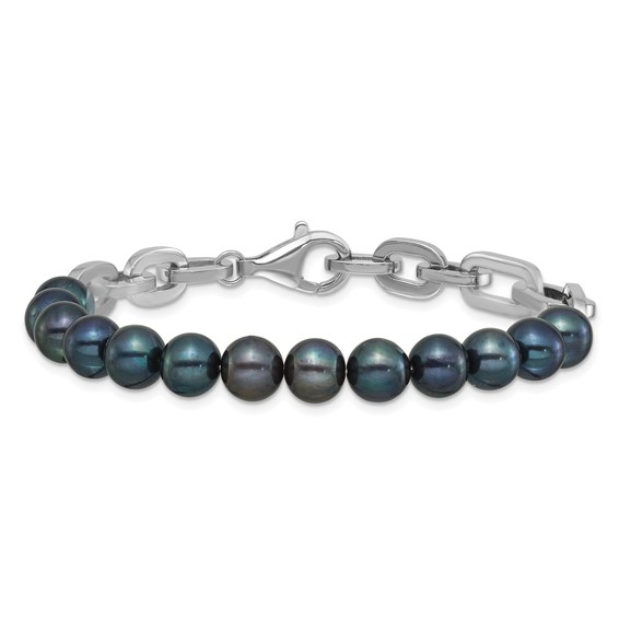 Sterling Silver Rhodium-plated 7-8mm Round Black Freshwater Cultured Pearl and Link 8 inch Bracelet