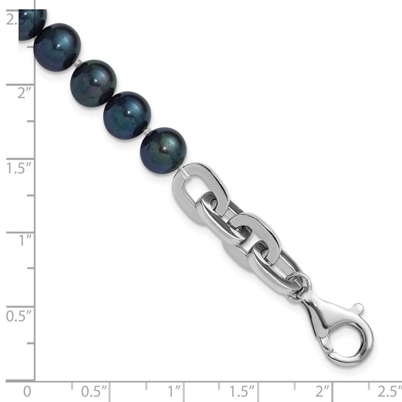 Sterling Silver Rhodium-plated 7-8mm Round Black Freshwater Cultured Pearl and Link 8 inch Bracelet