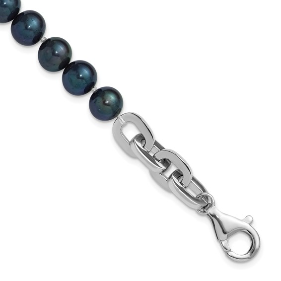 Sterling Silver Rhodium-plated 7-8mm Round Black Freshwater Cultured Pearl and Link 8 inch Bracelet