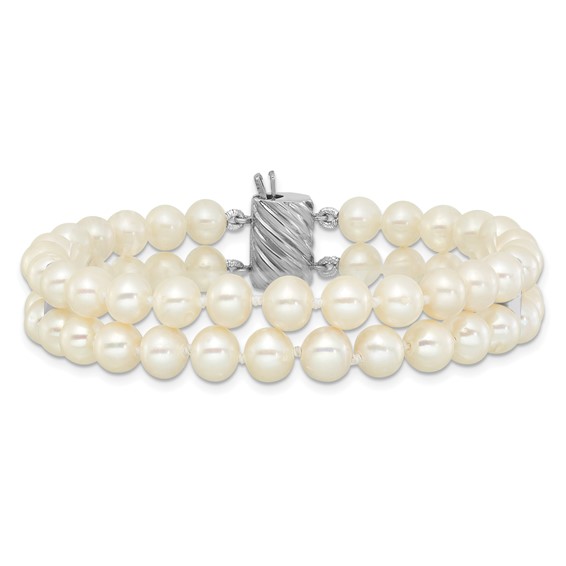Sterling Silver Rhodium-plated 6-7mm Round White Freshwater Cultured Pearl 2-Strand 7 inch Bracelet