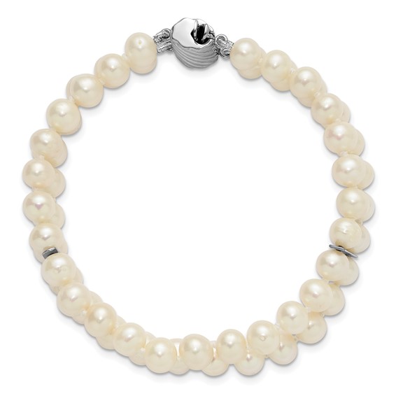 Sterling Silver Rhodium-plated 6-7mm Round White Freshwater Cultured Pearl 2-Strand 7 inch Bracelet