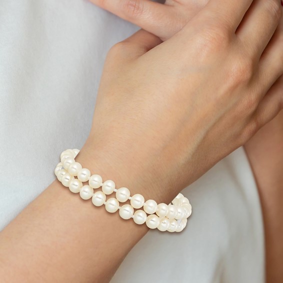 Sterling Silver Rhodium-plated 6-7mm Round White Freshwater Cultured Pearl 2-Strand 7 inch Bracelet
