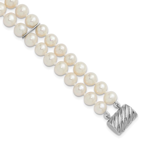 Sterling Silver Rhodium-plated 6-7mm Round White Freshwater Cultured Pearl 2-Strand 7 inch Bracelet