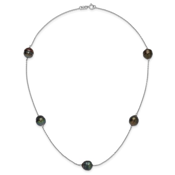 Sterling Silver Rhodium-plated 9-10mm Baroque Black Tahitian Saltwater Cultured Pearl 5-Station 18 inch Necklace