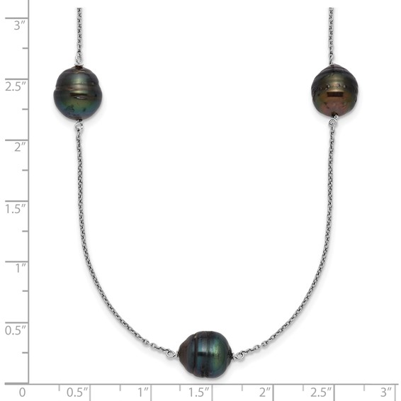 Sterling Silver Rhodium-plated 9-10mm Baroque Black Tahitian Saltwater Cultured Pearl 5-Station 18 inch Necklace
