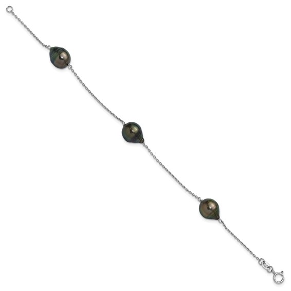 Sterling Silver Rhodium-plated 9-10mm Baroque Black Tahitian Saltwater Cultured Pearl 3-Station 7.5 inch Bracelet