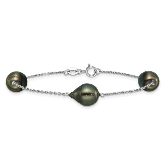 Sterling Silver Rhodium-plated 9-10mm Baroque Black Tahitian Saltwater Cultured Pearl 3-Station 7.5 inch Bracelet