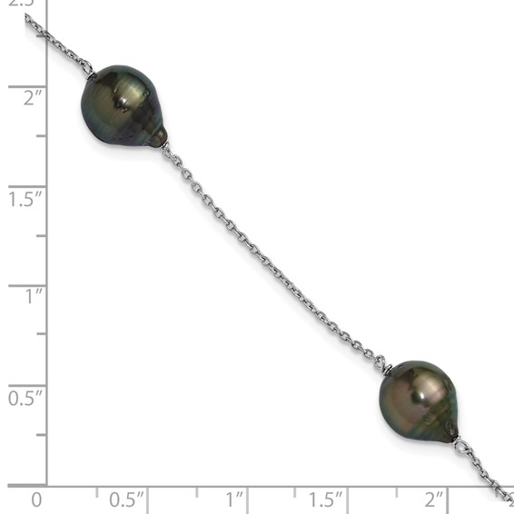 Sterling Silver Rhodium-plated 9-10mm Baroque Black Tahitian Saltwater Cultured Pearl 3-Station 7.5 inch Bracelet