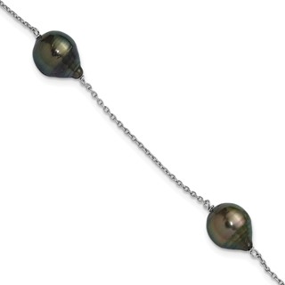 Sterling Silver Rhodium-plated 9-10mm Baroque Black Tahitian Saltwater Cultured Pearl 3-Station 7.5 inch Bracelet