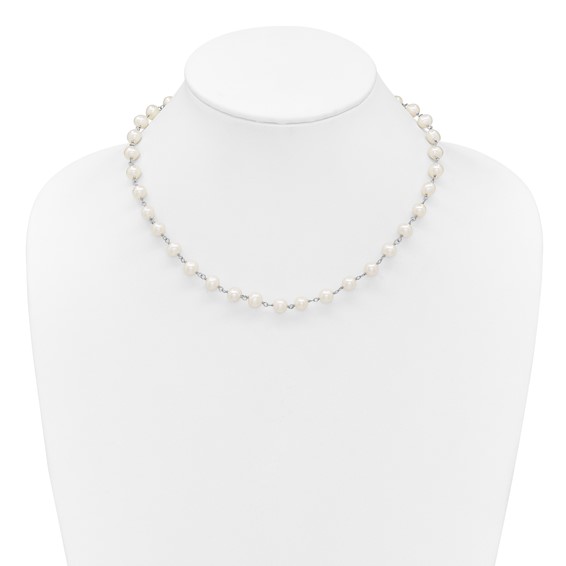 Sterling Silver Rhodium-plated 6-7mm Semi-Round White Freshwater Cultured Pearl 18 inch Necklace/7 inch Bracelet/Button Post Earring Set