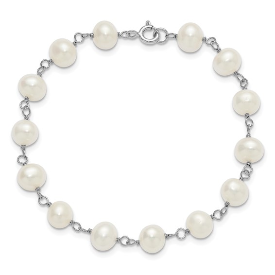 Sterling Silver Rhodium-plated 6-7mm Semi-Round White Freshwater Cultured Pearl 18 inch Necklace/7 inch Bracelet/Button Post Earring Set