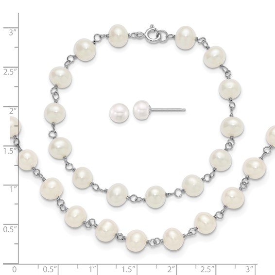 Sterling Silver Rhodium-plated 6-7mm Semi-Round White Freshwater Cultured Pearl 18 inch Necklace/7 inch Bracelet/Button Post Earring Set