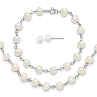 Sterling Silver Rhodium-plated 6-7mm Semi-Round White Freshwater Cultured Pearl 18 inch Necklace/7 inch Bracelet/Button Post Earring Set