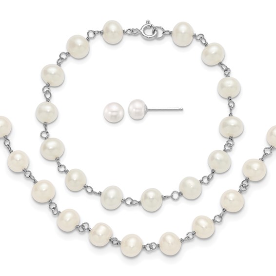 Sterling Silver Rhodium-plated 6-7mm Semi-Round White Freshwater Cultured Pearl 18 inch Necklace/7 inch Bracelet/Button Post Earring Set