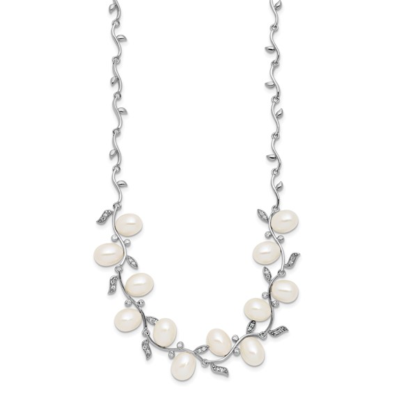 Sterling Silver Rhodium-plated 6-8mm Teardrop White Freshwater Cultured Pearl and CZ Leaf 17 inch Necklace