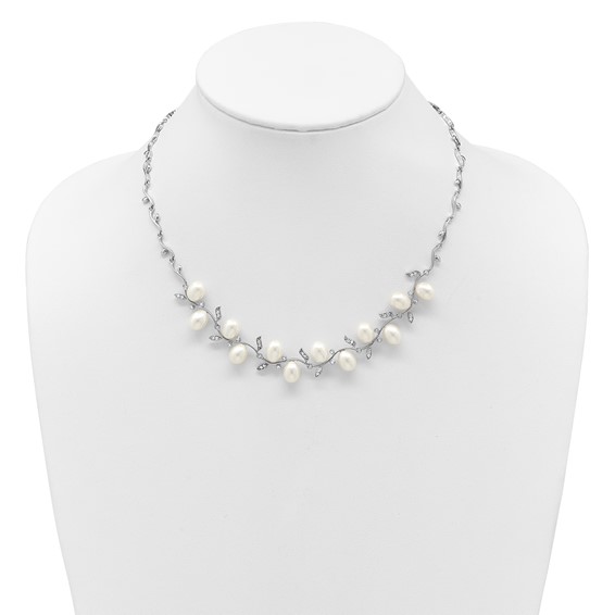 Sterling Silver Rhodium-plated 6-8mm Teardrop White Freshwater Cultured Pearl and CZ Leaf 17 inch Necklace