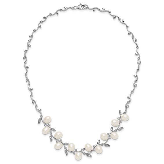 Sterling Silver Rhodium-plated 6-8mm Teardrop White Freshwater Cultured Pearl and CZ Leaf 17 inch Necklace