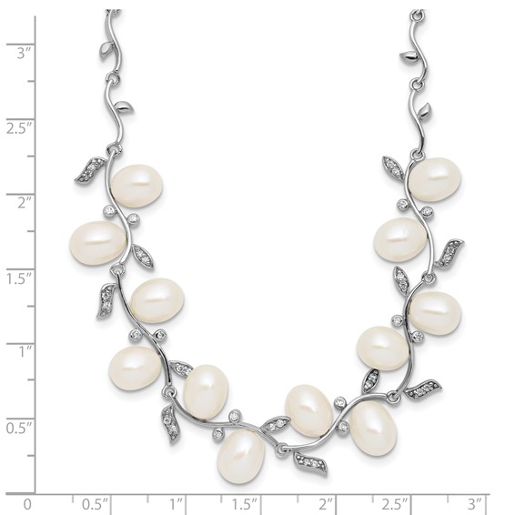 Sterling Silver Rhodium-plated 6-8mm Teardrop White Freshwater Cultured Pearl and CZ Leaf 17 inch Necklace