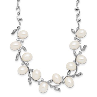 Sterling Silver Rhodium-plated 6-8mm Teardrop White Freshwater Cultured Pearl and CZ Leaf 17 inch Necklace
