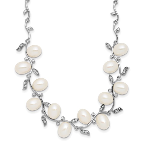 Sterling Silver Rhodium-plated 6-8mm Teardrop White Freshwater Cultured Pearl and CZ Leaf 17 inch Necklace