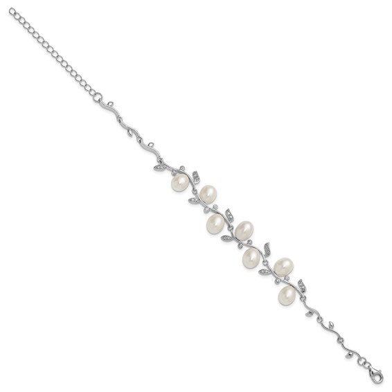 Sterling Silver Rhodium-plated 6-8mm Teardrop White Freshwater Cultured Pearl and CZ Leaf 7 inch with 1 inch Extender Bracelet