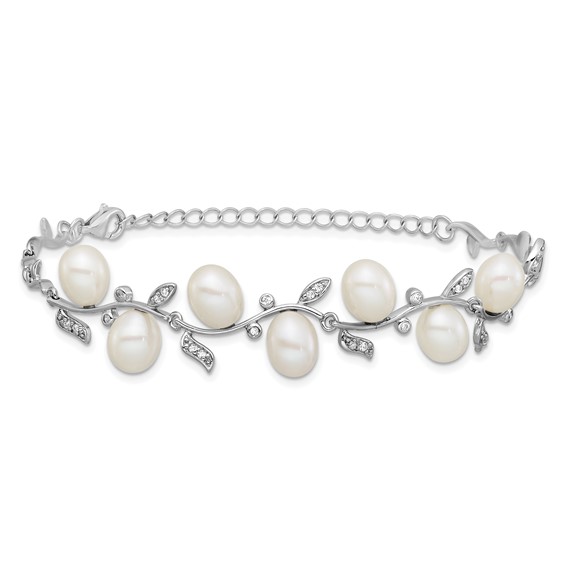 Sterling Silver Rhodium-plated 6-8mm Teardrop White Freshwater Cultured Pearl and CZ Leaf 7 inch with 1 inch Extender Bracelet