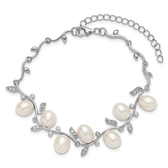 Sterling Silver Rhodium-plated 6-8mm Teardrop White Freshwater Cultured Pearl and CZ Leaf 7 inch with 1 inch Extender Bracelet