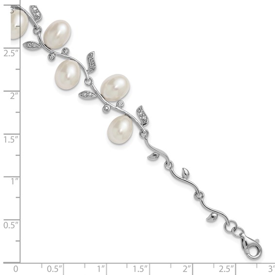 Sterling Silver Rhodium-plated 6-8mm Teardrop White Freshwater Cultured Pearl and CZ Leaf 7 inch with 1 inch Extender Bracelet