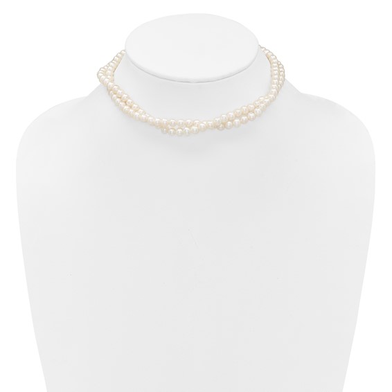 Sterling Silver Rhodium-plated 5-6mm Semi-Round White Freshwater Cultured Pearl 2-Strand 14 inch with 2 inch Extender Choker