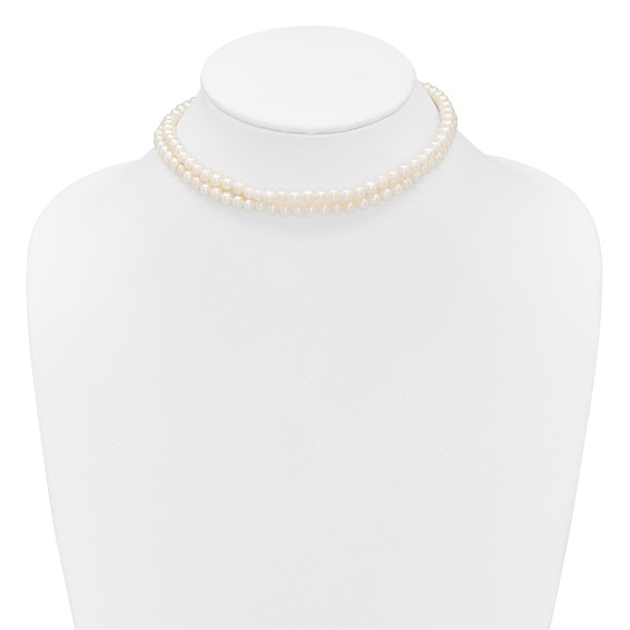 Sterling Silver Rhodium-plated 5-6mm Semi-Round White Freshwater Cultured Pearl 2-Strand 14 inch with 2 inch Extender Choker