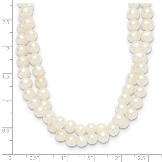 Sterling Silver Rhodium-plated 5-6mm Semi-Round White Freshwater Cultured Pearl 2-Strand 14 inch with 2 inch Extender Choker