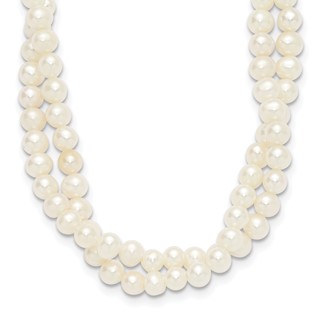 Sterling Silver Rhodium-plated 5-6mm Semi-Round White Freshwater Cultured Pearl 2-Strand 14 inch with 2 inch Extender Choker