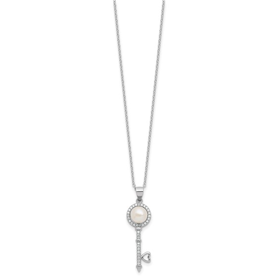 Sterling Silver Rhodium-plated 7-8mm Button White Freshwater Cultured Pearl and CZ Key 17 inch Necklace