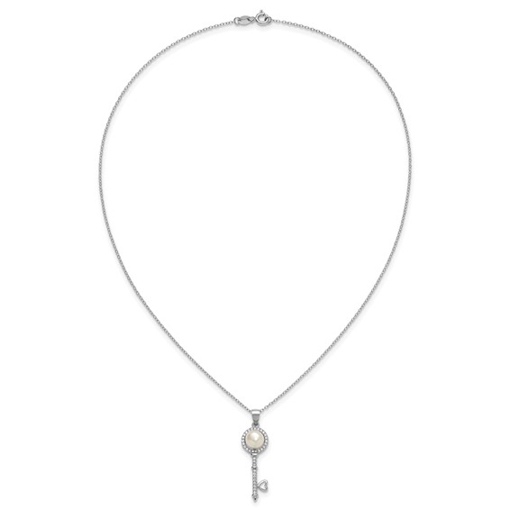 Sterling Silver Rhodium-plated 7-8mm Button White Freshwater Cultured Pearl and CZ Key 17 inch Necklace