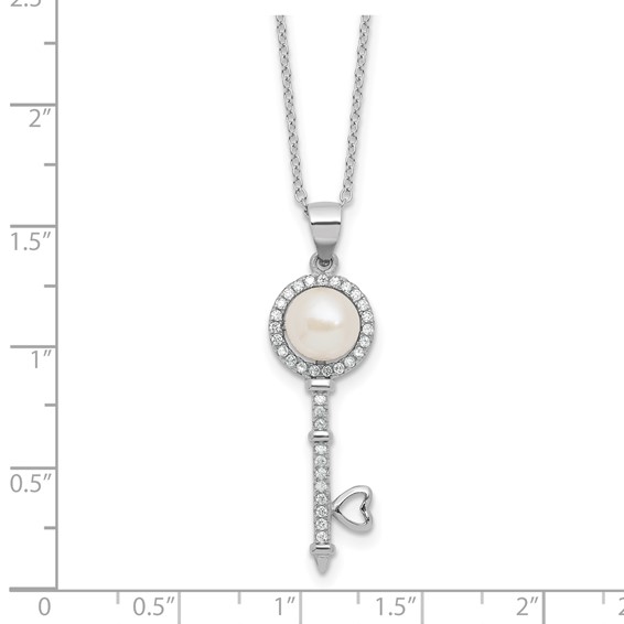 Sterling Silver Rhodium-plated 7-8mm Button White Freshwater Cultured Pearl and CZ Key 17 inch Necklace