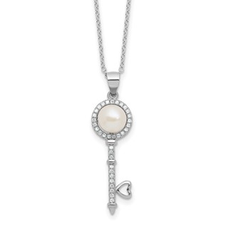 Sterling Silver Rhodium-plated 7-8mm Button White Freshwater Cultured Pearl and CZ Key 17 inch Necklace