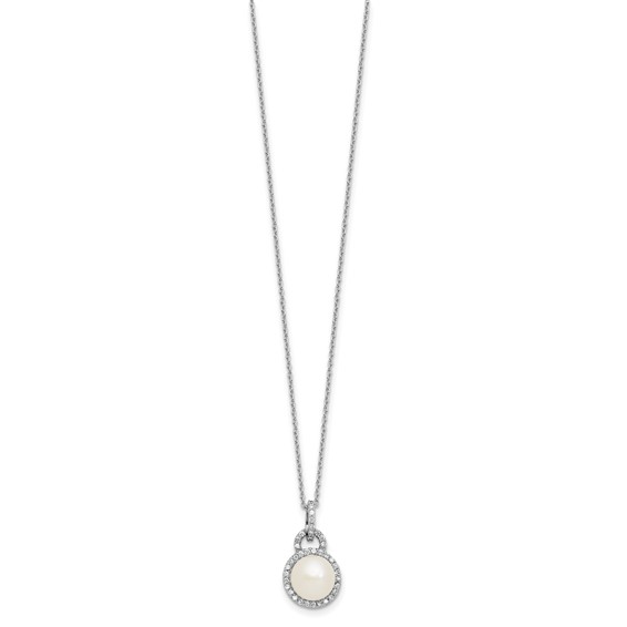 Sterling Silver Rhodium-plated 9-10mm Button White Freshwater Cultured Pearl and CZ Halo 17 inch Necklace