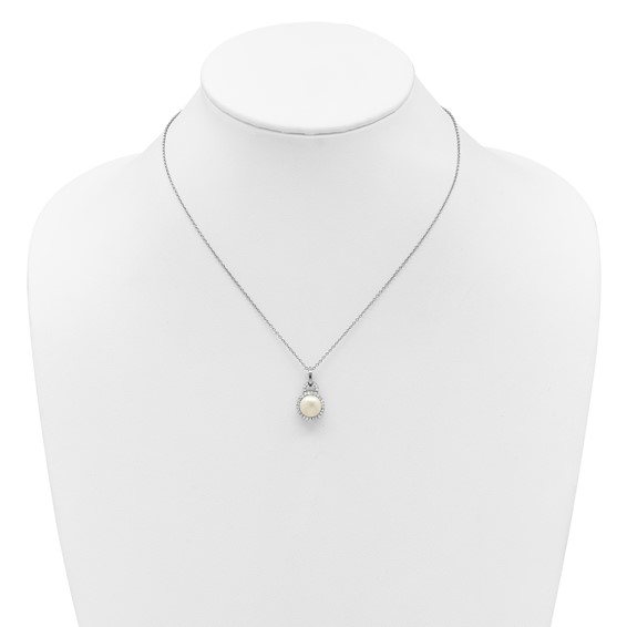 Sterling Silver Rhodium-plated 9-10mm Button White Freshwater Cultured Pearl and CZ Halo 17 inch Necklace