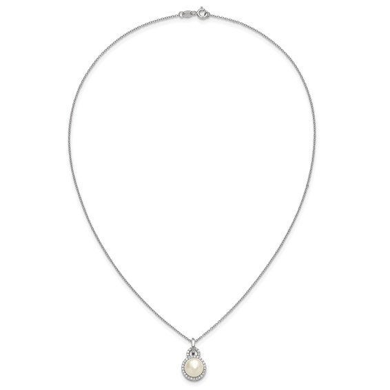 Sterling Silver Rhodium-plated 9-10mm Button White Freshwater Cultured Pearl and CZ Halo 17 inch Necklace