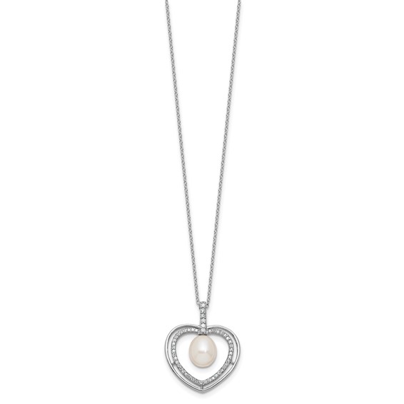 Sterling Silver Rhodium-plated 8-9mm Rice White Freshwater Cultured Pearl and CZ Open Heart 17 inch Necklace