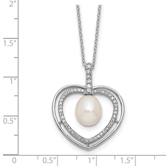 Sterling Silver Rhodium-plated 8-9mm Rice White Freshwater Cultured Pearl and CZ Open Heart 17 inch Necklace