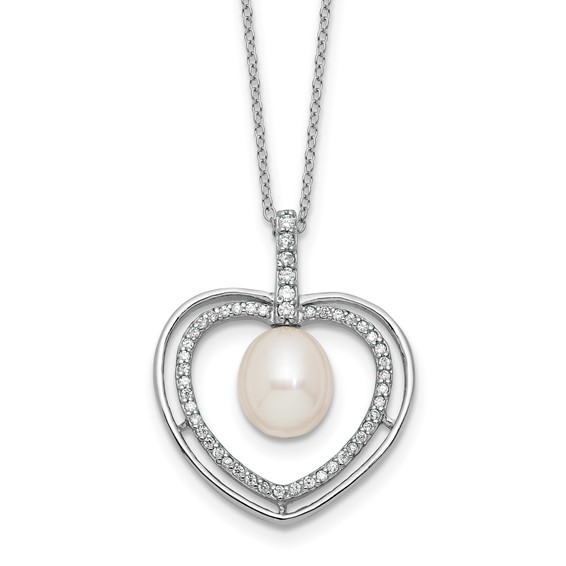 Sterling Silver Rhodium-plated 8-9mm Rice White Freshwater Cultured Pearl and CZ Open Heart 17 inch Necklace