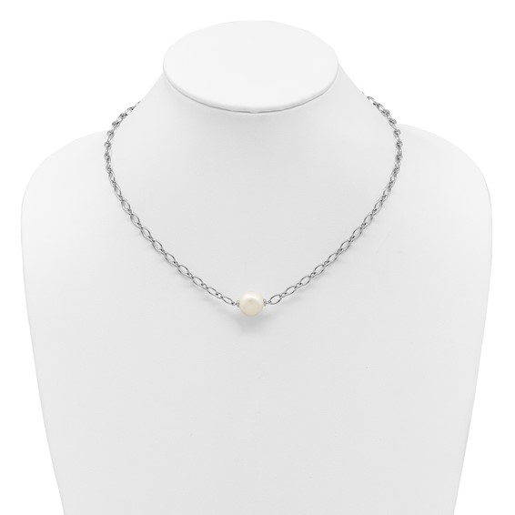 Sterling Silver Rhodium-plated 12-13mm Semi-Round White Freshwater Cultured Pearl Center and Open Link Cable Chain 18 inch Necklace